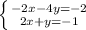 \left \{ {{-2x-4y=-2} \atop {2x+y=-1}} \right.