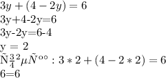 3y+(4-2y)=6 &#10;&#10;3y+4-2y=6 &#10;&#10;3y-2y=6-4 &#10;&#10;y = 2&#10;&#10;Проверка: 3*2+(4-2*2)=6&#10;&#10;6=6