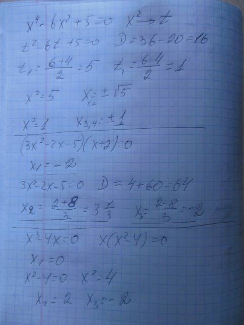 Решите уравнения , нужно, буду ! а) х^4-6х^2+5=0; б) (3х^2-2х-5)(х+2)=0; в) х^3-4х=0.