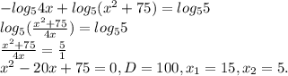 -log_5 4x+log_5 (x^2+75)=log_5 5 \\ log_5 ( \frac{x^2+75}{4x} )=log_5 5 \\ \frac{x^2+75}{4x} = \frac{5}{1} \\ x^2-20x+75=0, D=100, x_{1} =15, x_2=5.