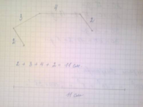 Начертить ломаную из четырех звеньев,длигы которых 2см,3см,4см,2см.найти длину этой ломаной.начертит