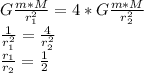 G \frac{m*M}{r_1^{2}}=4*G \frac{m*M}{r_2^{2}} \\ \frac{1}{r_1^{2}}=\frac{4}{r_2^{2}} \\ \frac{r_1}{r_2}= \frac{1}{2}