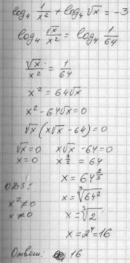 Решите, log4 1/x^2+log4 x^(1/2)=-3