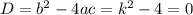 D=b^2-4ac=k^2-4=0