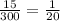 \frac{15}{300} = \frac{1}{20}