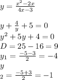 y= \frac{x^2-2x}{4x-3} \\ &#10; \\ &#10;y+ \frac{4}{y}+5=0 \\ &#10;y^2+5y+4=0 \\ &#10;D=25-16=9 \\ &#10;y_{1}= \frac{-5-3}{2}=-4 \\ &#10;y \\ _{2}= \frac{-5+3}{2}=-1