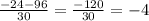 \frac{-24-96}{30}= \frac{-120}{30} =-4