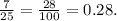 \frac{7}{25} = \frac{28}{100} = 0.28 .