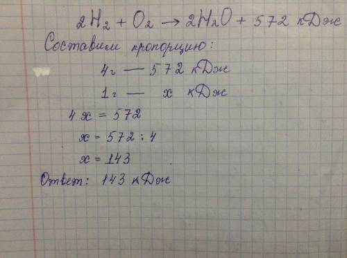 2h2 +o2=2h2o +572 кдж на основе уравнения определите ,сколько теплоты выделится, если в реакцию всту