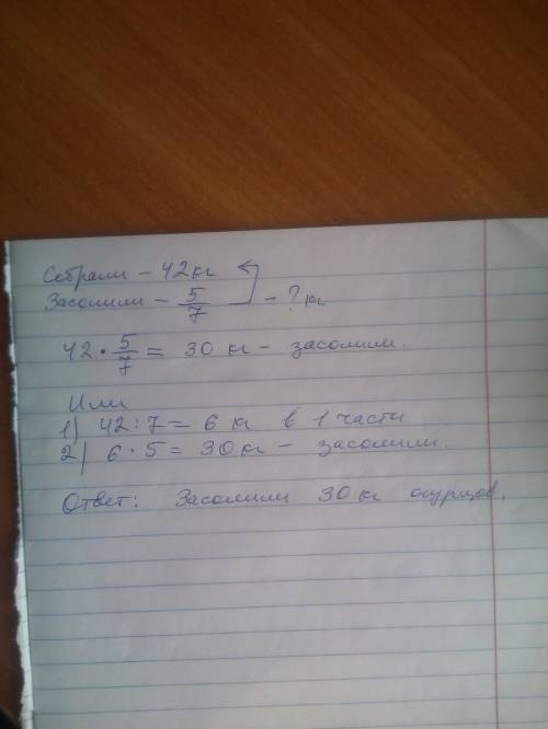 На огороде собрали 42кг. огурцов и пять седьмых всех огурцов засолили. сколько огурцов засолили? мож