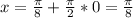 x= \frac{ \pi }{8}+ \frac{ \pi }{2}*0= \frac{ \pi }{8}