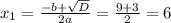 x_{1} = \frac{-b+ \sqrt{D} }{2a} = \frac{9+3}{2} =6&#10;