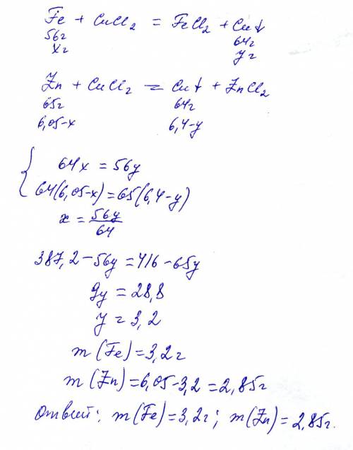 При взаимодействии смеси порошков железа и цинка массой 6,05 г с избытком раствора хлорида меди (ii)