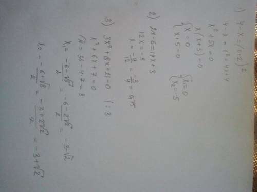 Решить 1) 4-х=(х+2)в квадрате 2) 2х-6=14 х+3 3) 3х в квадрате + 18х +21=0