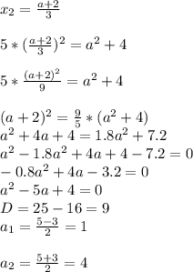 x_{2}= \frac{a+2}{3} \\ \\ &#10;5*( \frac{a+2}{3} )^2=a^2+4 \\ \\ &#10;5* \frac{(a+2)^2}{9}=a^2+4 \\ \\ &#10;(a+2)^2= \frac{9}{5}*(a^2+4) \\ &#10;a^2+4a+4=1.8a^2+7.2 \\ &#10;a^2-1.8a^2+4a+4-7.2=0 \\ &#10;-0.8a^2+4a-3.2=0 \\ &#10;a^2-5a+4=0 \\ &#10;D=25-16=9 \\ &#10;a_{1}= \frac{5-3}{2}=1 \\ \\ &#10;a_{2}= \frac{5+3}{2}=4