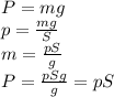 P= mg&#10; \\ p= \frac{mg}{S} \\ &#10;m= \frac{pS}{g} \\ &#10;P= \frac{pSg}{g} =pS