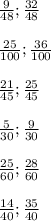 \frac{9}{48} ; \frac{32}{48} \\ \\ \frac{25}{100}; \frac{36}{100} \\ \\ \frac{21}{45} ;\frac{25}{45} \\ \\ \frac{5}{30}; \frac{9}{30} \\ \\ \frac{25}{60} ; \frac{28}{60} \\ \\ \frac{14}{40} ; \frac{35}{40}