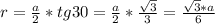 r = \frac{a}{2} * tg30= \frac{a}{2} * \frac{ \sqrt{3} }{3} = \frac{ \sqrt{3}*a }{6}