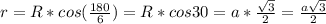 r=R*cos( \frac{180}{6} ) = R*cos30=a* \frac{ \sqrt{3} }{2} = \frac{a \sqrt{3} }{2}