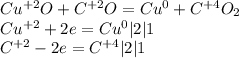 Cu^{+2}O + C^{+2}O=Cu^0+C^{+4}O_2 \\ 
Cu^{+2}+2e=Cu^0|2 |1\\ 
C^{+2}-2e=C^{+4}|2|1
