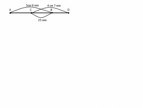 Начертите отрезок ав длиной 5 см 6мм и отрезок cd длиной 4 см 7 мм так, чтобы их пересечением был от