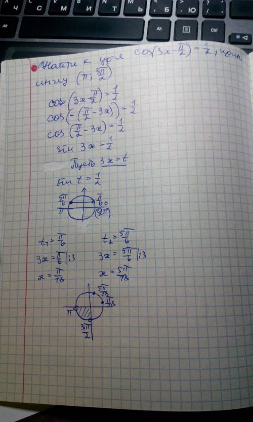 Найдите корни уравнения cos(3x-п/2)=1/2 принадлежащие полуинтервалу (п: 3п/2]