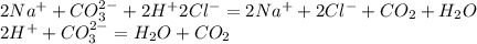 2Na^{+}+CO_3^{2-}+2H^+2Cl^-=2Na^++2Cl^-+CO_2+H_2O \\ 
2H^++CO_3^{2-}=H_2O+CO_2
