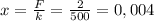 x= \frac{F}{k} = \frac{2}{500} = 0,004