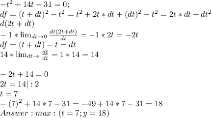 -t^2+14t-31=0 ; \\ &#10;df=(t+dt)^2-t^2=t^2+2t*dt+(dt)^2-t^2=2t*dt+dt^2 \\ &#10;d(2t+dt) \\ &#10;-1* \lim_{dt \to 0} \frac{dt(2t+dt)}{dt} = -1*2t=-2t \\&#10;df=(t+dt)-t=dt \\&#10;14* \lim_{dt \to \0} \frac{dt}{dt} = 1*14=14 \\&#10;\\&#10;-2t+14=0 \\&#10;2t=14 |:2 \\&#10;t=7 \\ &#10;-(7)^2+14*7-31=-49+14*7-31=18 \\&#10;Answer: max : (t=7 ; y=18)