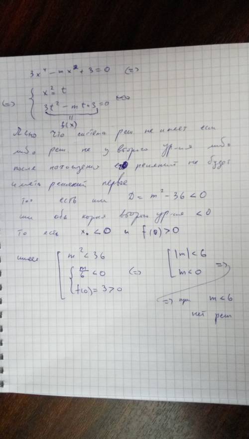 При каких значениях m не имеет корней уравнение: 3x^4-mx^2+3=0?