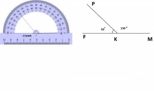 Начертить развернутый угол f,k,m и провести луч k,p так чтобы он разделил развернутый угол на части