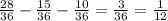 \frac{28}{36}- \frac{15}{36}- \frac{10}{36}= \frac{3}{36}= \frac{1}{12}