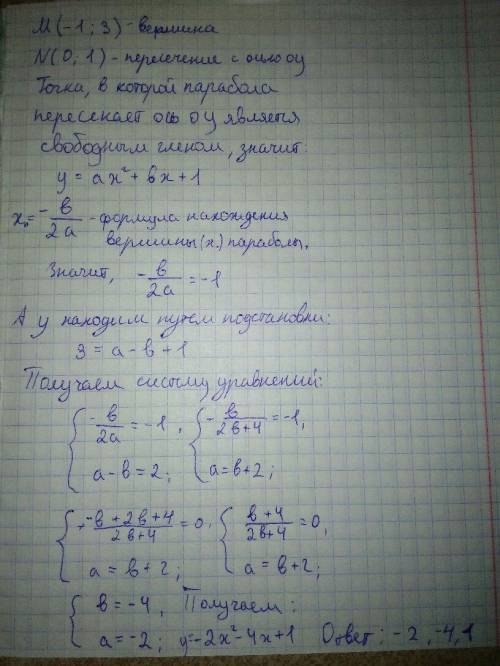 Найдите а,б,с , если точка м (-1; -3) является вершиной параболы y=ax^2+bx+c , пересекающей ось коор