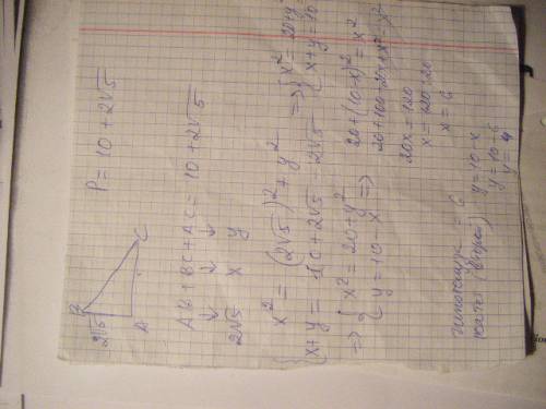 Один из катетов прямоугольного треугольника равен 2 корень из 5 см, а периметр 10+2 корня из 5 см. н