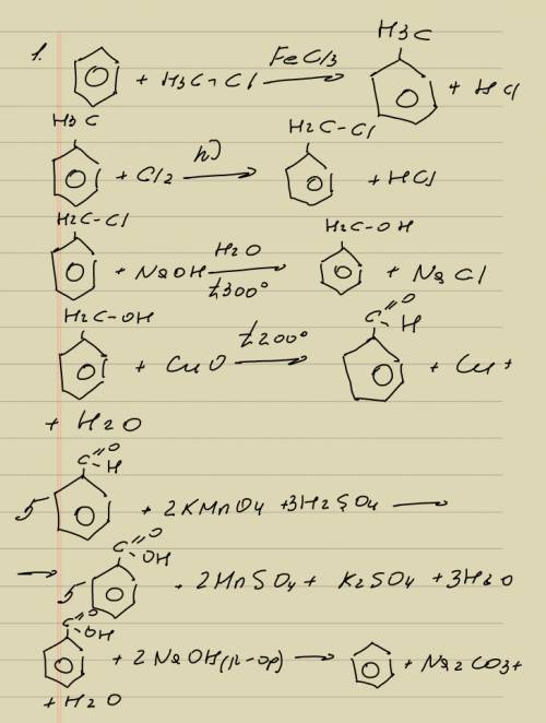 )) 1. бензол-толуол-бензилхлорид-бензиловый спирт-бензальдегид-бензойная кислота-бензол-кумол-фенол