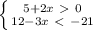 \left \{ {{5+2x\ \textgreater \ 0} \atop {12-3x\ \textless \ -21}} \right.