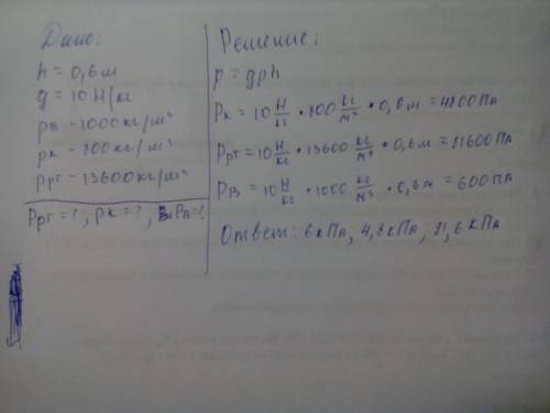 Определите давление на глубине 0,6 м в воде , керосине и ртути