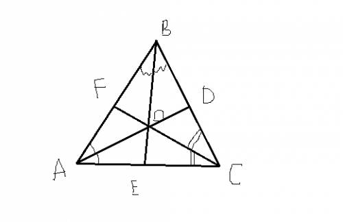 Втреугольнике abc угол a равен 60°, угол b равен 80°. биссектрисы ad, be и cf пересекаются в точке o
