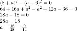 (8+a)^{2} - (a-6)^{2} = 0 \\ 64 + 16a + a^{2} - a^{2} + 12a - 36 = 0 \\ 28a - 18 = 0 \\ 28a=18 \\ a= \frac{18}{28} = \frac{9}{14} &#10;&#10;