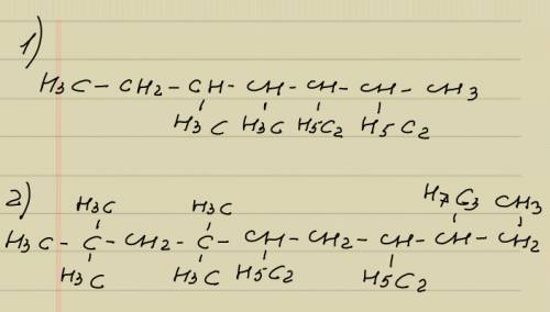 )алканы (формулы ) 1)3 ,4-диметил ,5 ,6 -диэтилгептан 2) 2,2,4,4-тетраметил , 5,7- диэтил ,8-пропилд