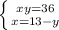 \left \{ {{xy = 36} \atop {x = 13 - y}} \right.