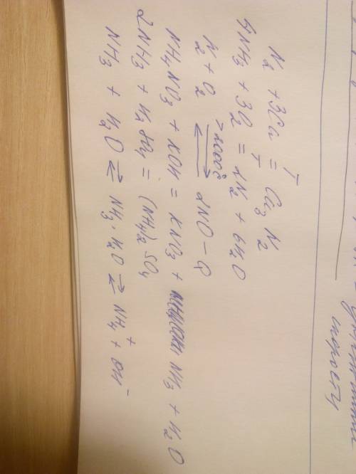 Закончите уравнения реакции n2+ca= nh3+o2= n2+o2= nh4no3+koh= nh3+h2so4= nh3+h2o=