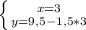 \left \{ {{x=3} \atop {y=9,5-1,5*3}} \right.