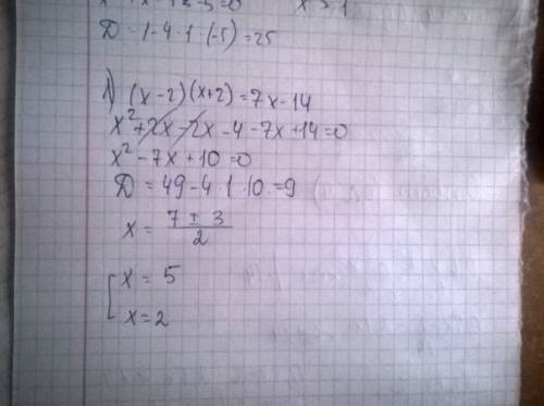 Найдите корни уравнения 1) (x-2)(x+2)=7x-14 -1)(x-4)=(4x-11) 3)-x((1/3) - x)=(x-1)(x+1) 4)5(x-2)=(3x