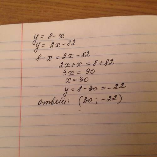 Найдите координаты пересечения прямых, заданных уравнениями: y=8-x; y= 2x-82