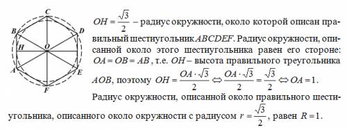 Около окружности радиус которой равен корень из 3/2 описан правильный шестиугольник. найдите радиус