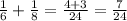 \frac{1}{6} +\frac{1}{8}=\frac{4+3}{24}=\frac{7}{24}