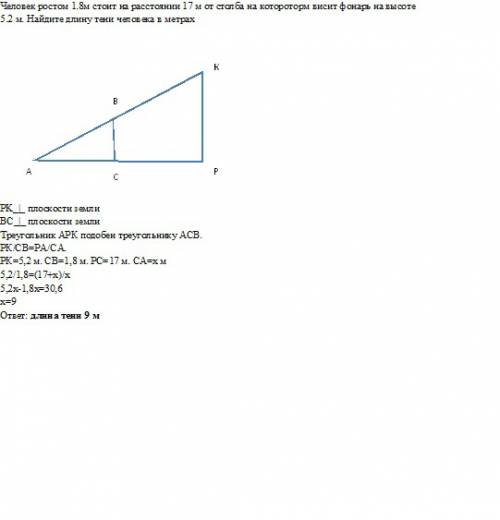 Человек ростом 1.8м стоит на расстоянии 17 м от столба на котороторм висит фонарь на высоте 5.2 м. н