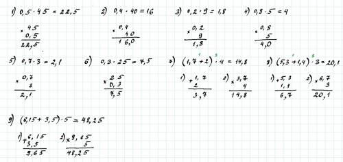 Выполните умножение. 1) 0,5*45. 2) 0,4*40. 3) 0,2*9. 4) 0,8*5 5) 0,7*3. 5) 0,7*3. 6) 0,3*25.6) 0,3*2