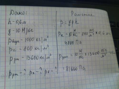 Определите давление на глубине 0,6 м в воде, керосине, ртути.